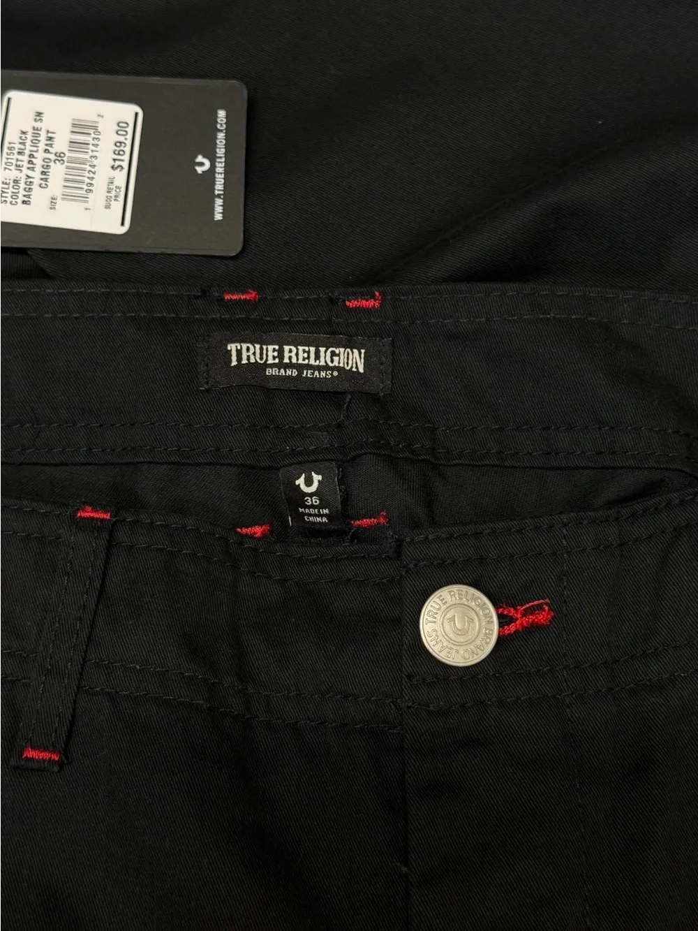 NWT True Religion Baggy Cargo Pants Black Red Horseshoe Mens Size 36